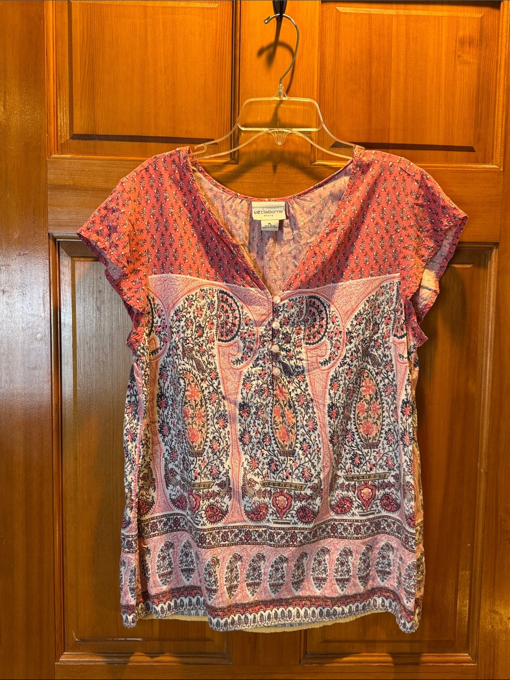Liz Claiborne Pink Paisley V-Neck Short Sleeve Blouse Size PL
